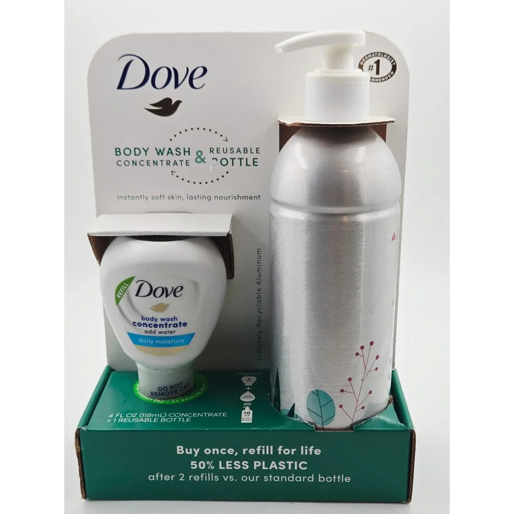 Dove Body Wash Concentrate Daily Moisture Refill - Reusable Aluminum Bottle Set